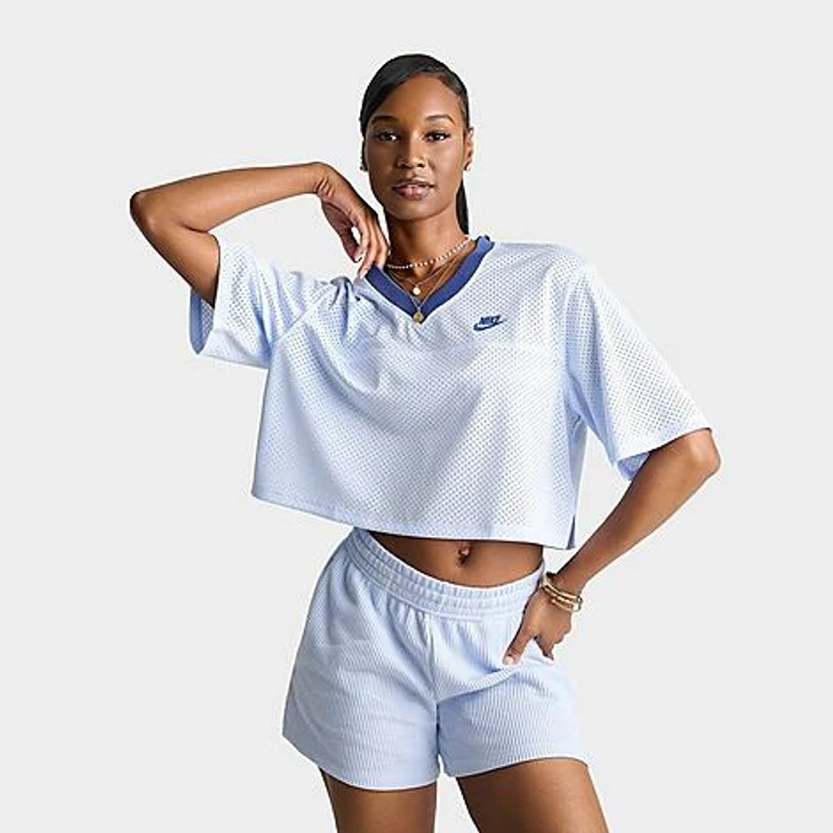 Nike Women's Sportswear Oversized Heritage Cropped Mesh Jersey in Hydrogen Blue/Mystic Navy/Mystic Navy Size: XS