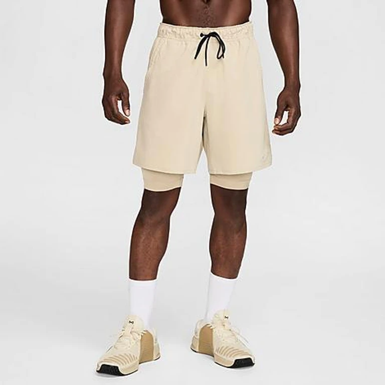 Nike Men's Unlimited Dri-FIT 2-in-1 7" Versatile Shorts in Desert Khaki/Desert Khaki/Black Size: XS