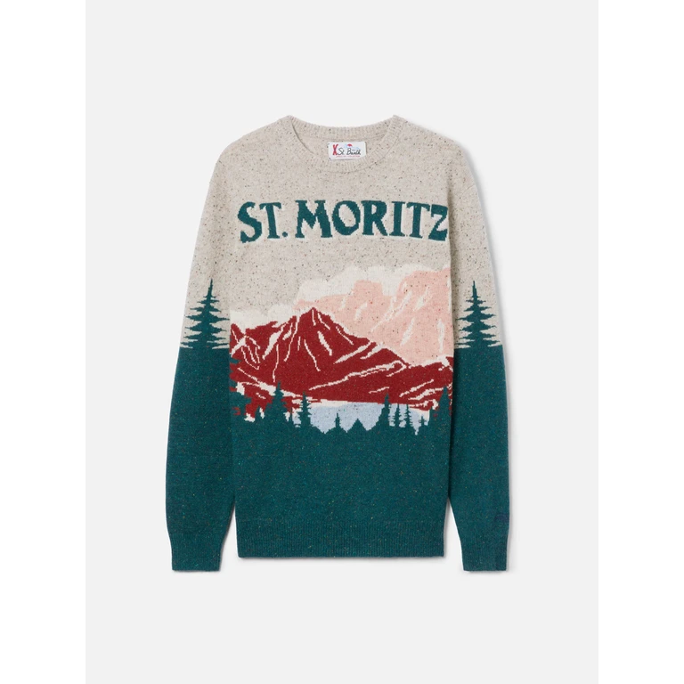 MC2 Saint Barth Crewneck Donegal Sweater Heron With St. Moritz Postcard Jacquard