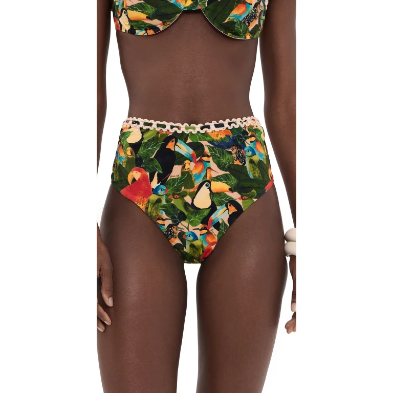 FARM Rio Bird Leaves High Waisted Bikini Bottoms Bird Leaves Sand M