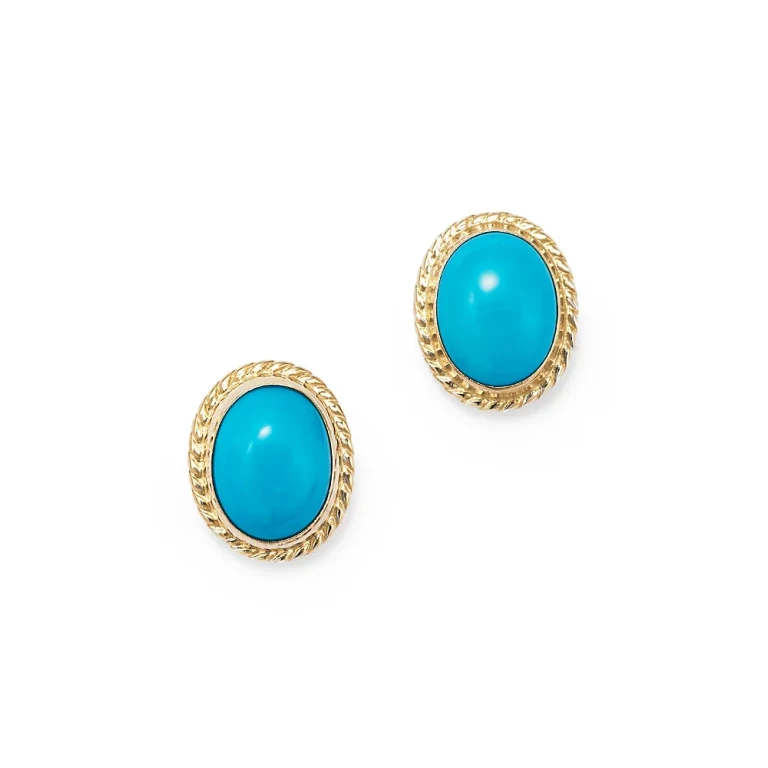Turquoise Bezel Set Small Stud Earrings in 14K Yellow Gold