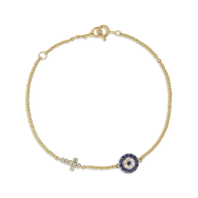 Blue Sapphire & Diamond Evil Eye & Cross Link Bracelet in 14K Yellow Gold