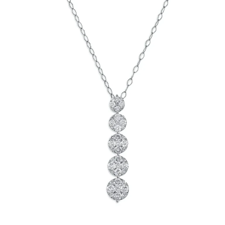 Diamond Cluster Linear Pendant Necklace in 14K White Gold, 1.0 tcw