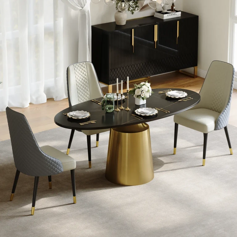 63" Modern Oval Faux Marble Top Dining Table with Bronze Carbon Steel Base