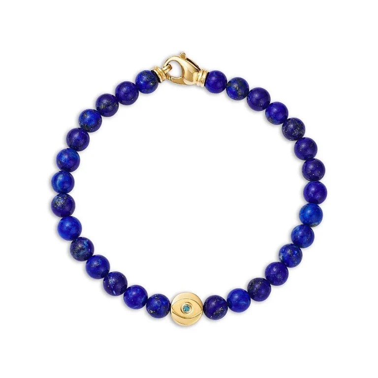 Men's Evil Eye Lapis Bead Bracelet in 14K Yellow Gold