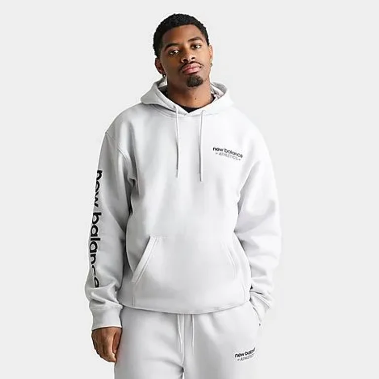 New Balance Men's Athletics Fleece Pullover Hoodie in Grey/Back Size: Small
