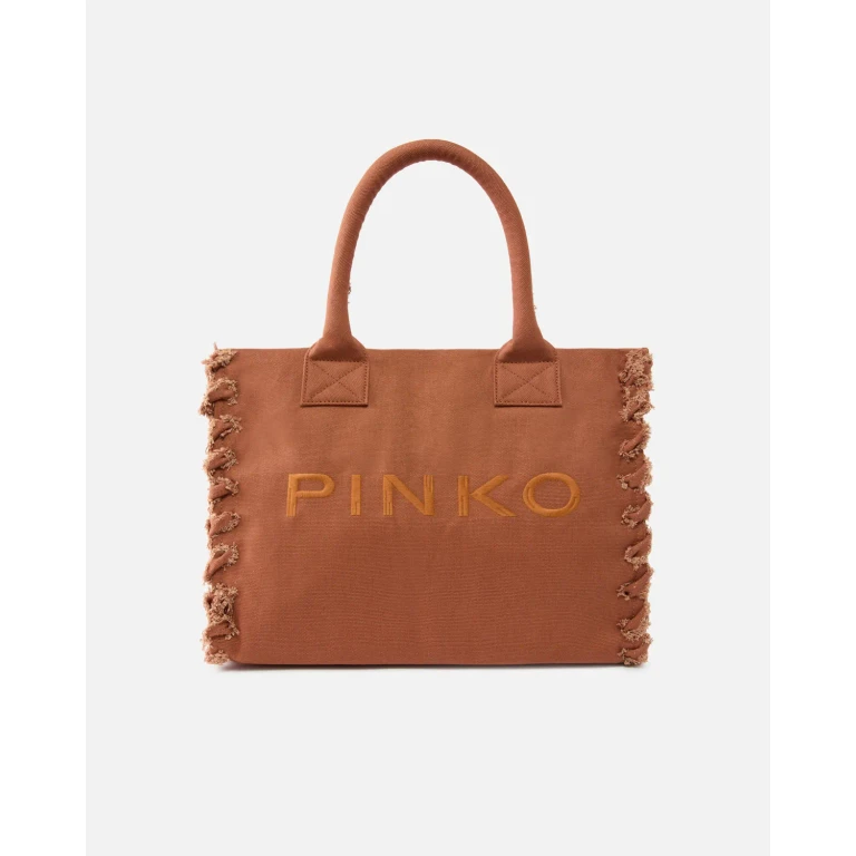 Pinko - Cabas moyen Beach en canvas à logo et franges