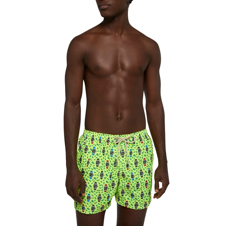 Mc2 Saint Barth Lightweight Fabric Swim Shorts Lighting With Watch Print Yellow Swimshort - Men