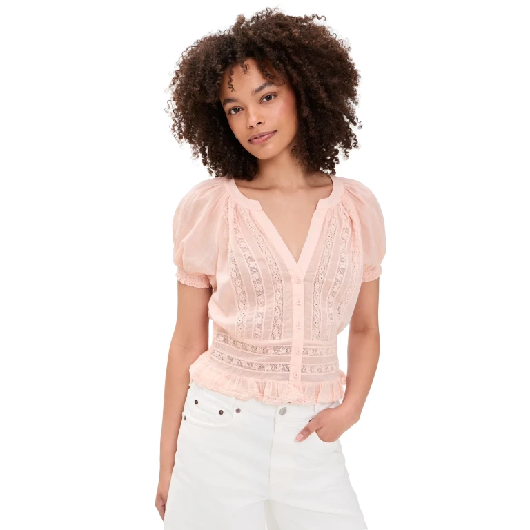 ALICE + OLIVIA Kathryn Lace Trim Blouse English Rose XL