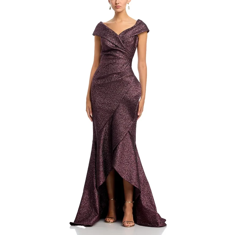 Teri Jon by Rickie Freeman Metallic Jacquard Ruffle Gown