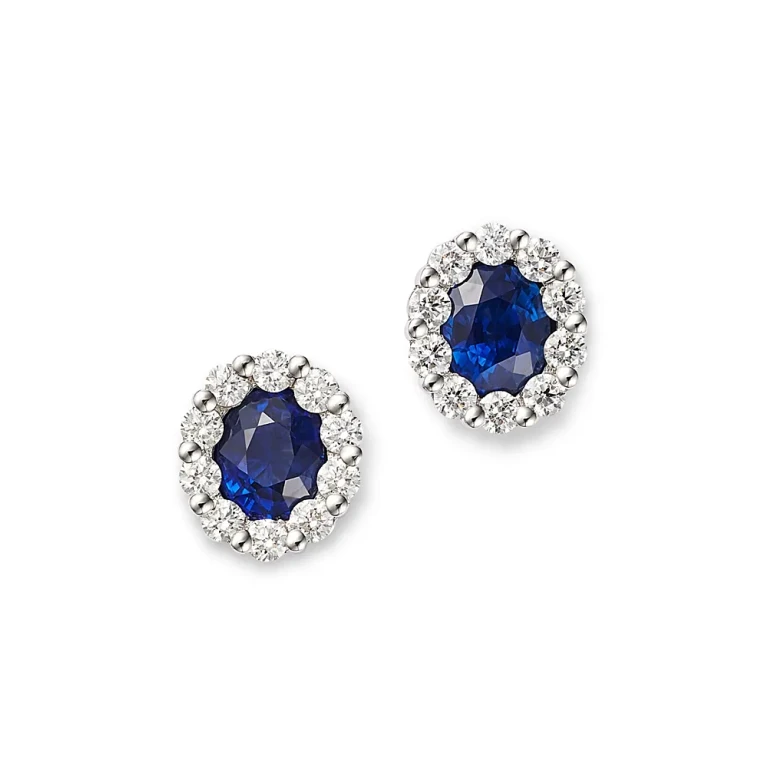 Blue Sapphire & Diamond Halo Stud Earrings in 14K White Gold