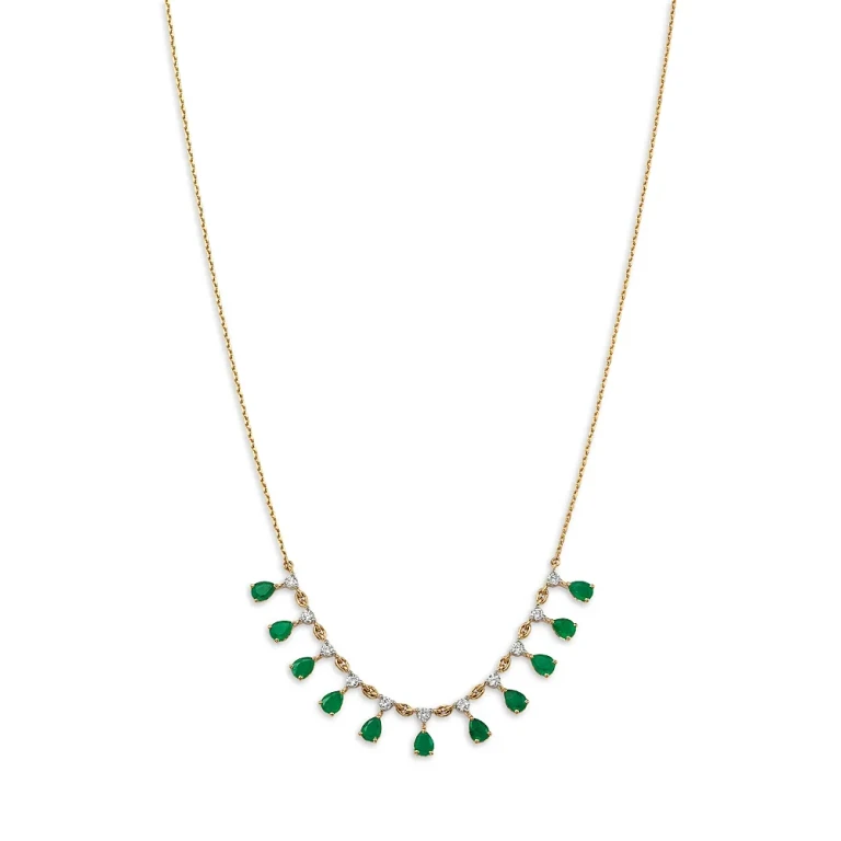 Emerald & Diamond Droplet Station Necklace in 14K Yellow Gold, 18