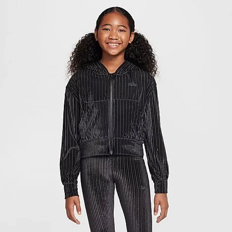 Nike Girls' Big Kids Sportswear Ribbed Full-Zip Hoodie in Black/Iron Grey Size: XS