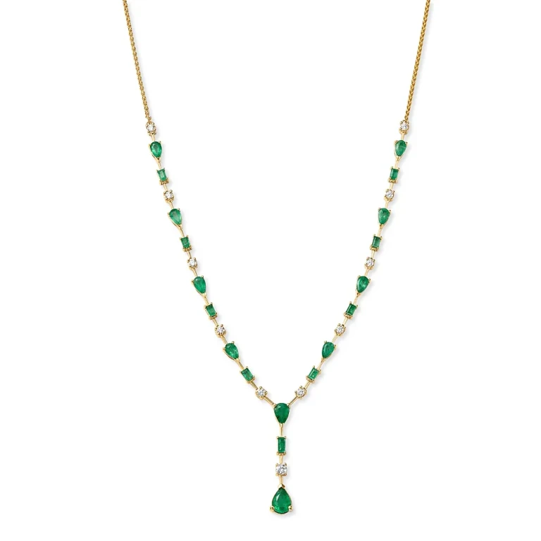Emerald & Diamond Y Necklace in 14K Yellow Gold, 18