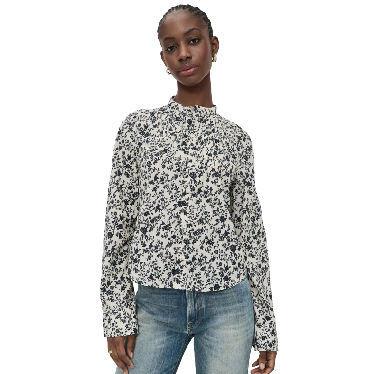 R13 Button Down Top Black Floral On Ecru L