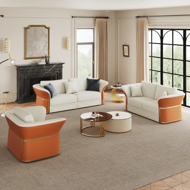 Modern Faux Leather Living Room Sofa Set in Brown & White Set of 3