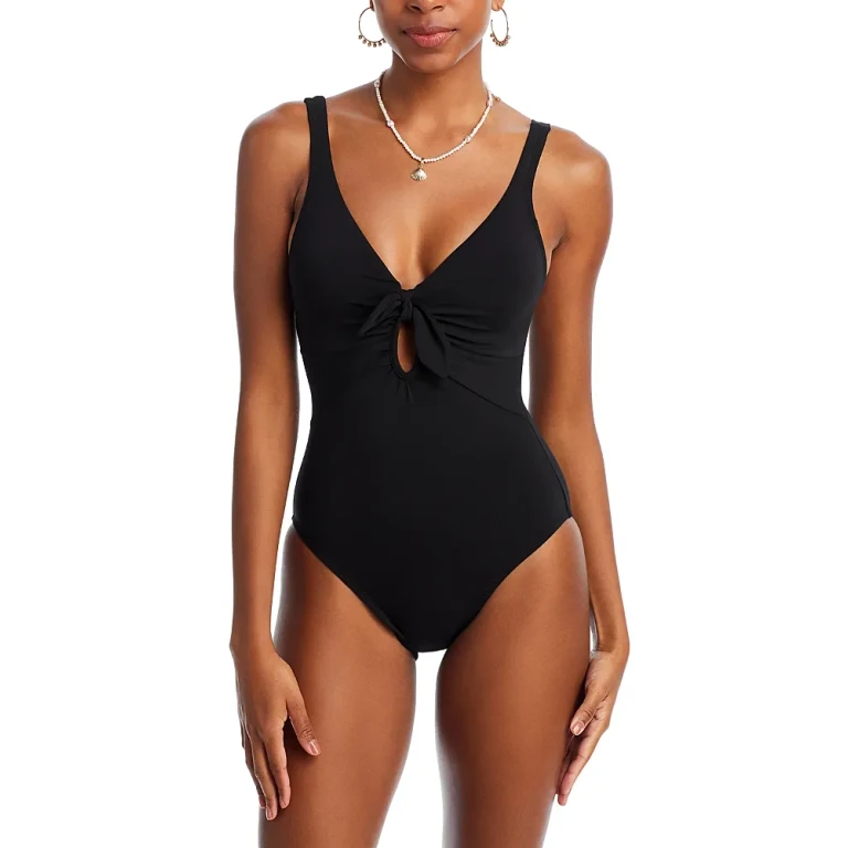 Robin Piccone Ava Plunge Neck Tie-Front One Piece Swimsuit
