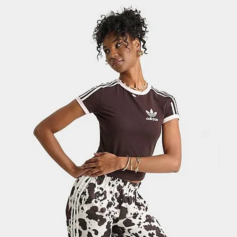 adidas Women's Originals adicolor 3-Stripes Baby T-Shirt in Aurora Coffee/Sandy Pink Size: XS