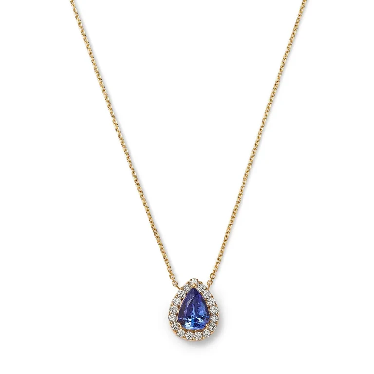 Tanzanite & Diamond Pear Halo Pendant Necklace in 14K Yellow Gold