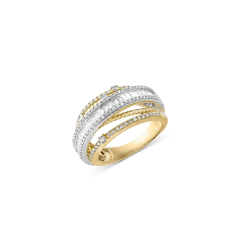 Diamond Round & Baguette Crossover Ring in 14K White & Yellow Gold, 0.90 tcw