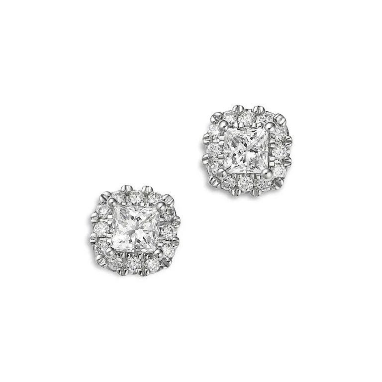 Diamond Princess Halo Stud Earrings in 14K White Gold, 1.25 tcw