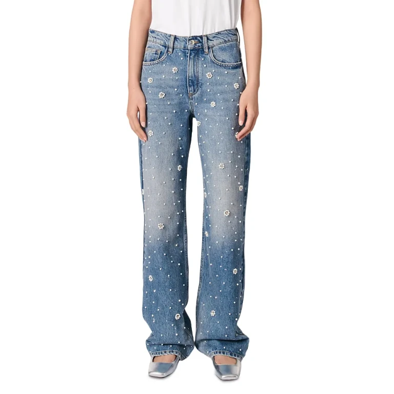 Maje Embellished High Rise Wide Leg Jeans in Blue