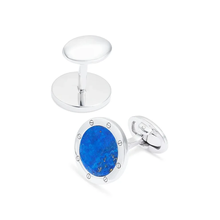 Round Rivet Etched Blue Lapis & Sterling Silver Cufflinks