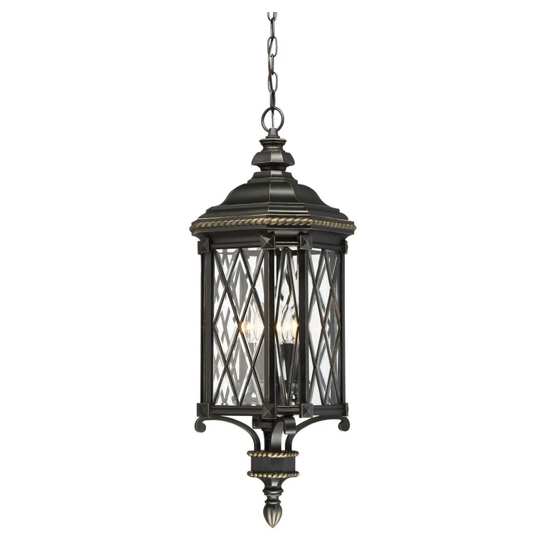 Bexley Manor 4-Light 32" Outdoor Hanging Light in Black with Gold Highlights