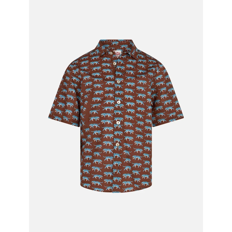 Mc2 Saint Barth Brown Boy Muslin Cotton Shirt Sharouk With Tiger Print