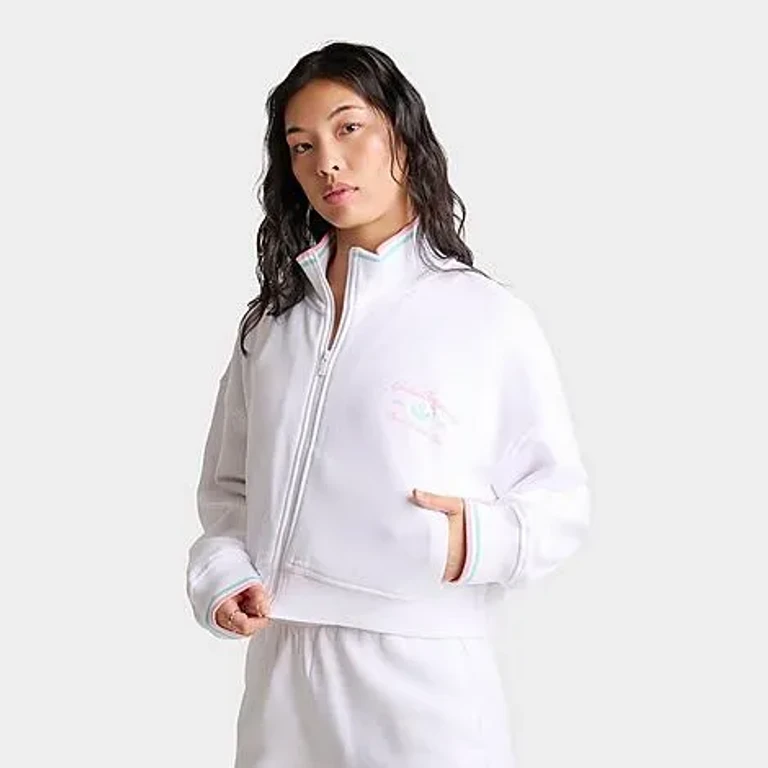 adidas Women's Originals Classic Sport Script Fleece Track Top in White/True Pink/Clear Mint Size: XS