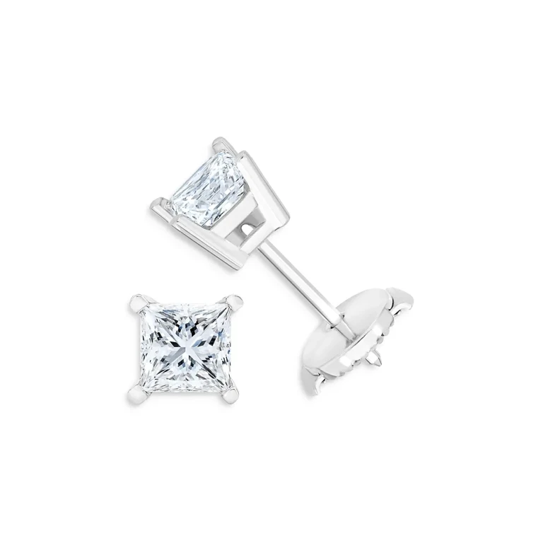 Diamond Princess Cut Stud Earrings in 14K White Gold, 0.50 tcw