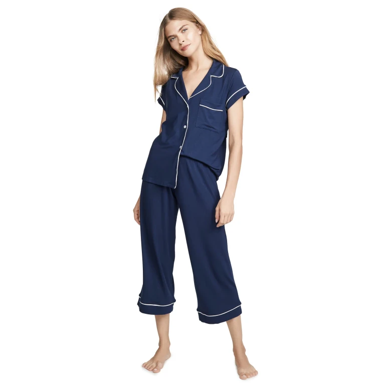 Eberjey Gisele Short Sleeve Crop Pajama Set Black/Sorbet Pink S