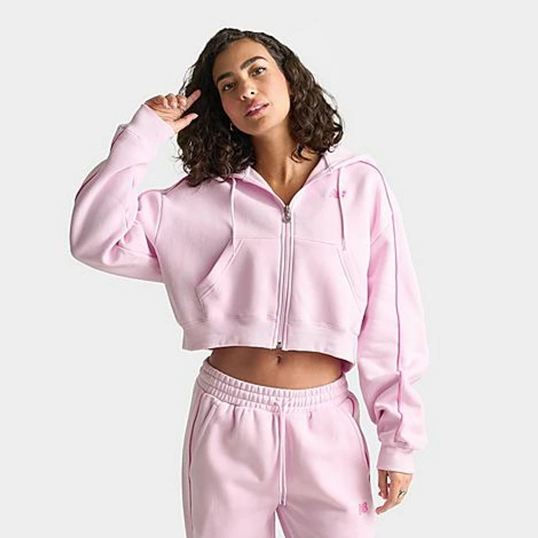 New Balance Women's Piped Cropped Full-Zip Hoodie in Light Raspberry Size: XS