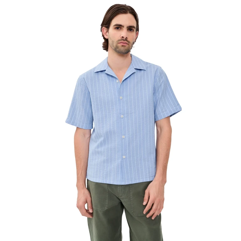 Wax London Seersucker Stripe Didcot Shirt Blue/Ecru S