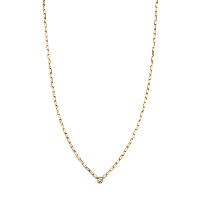 Diamond Solitaire Paperclip Necklace in 14K Yellow Gold, 0.15 tcw
