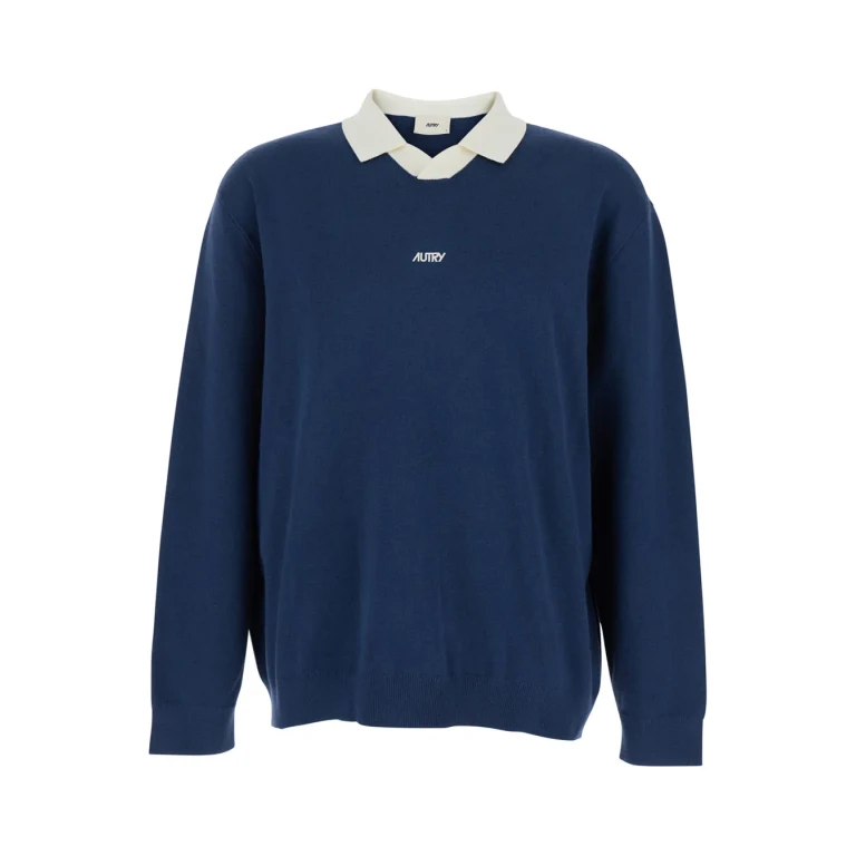 Autry Blue Polo Shirt With Contrast Collar And Logo On Front In Cotton Blend Man