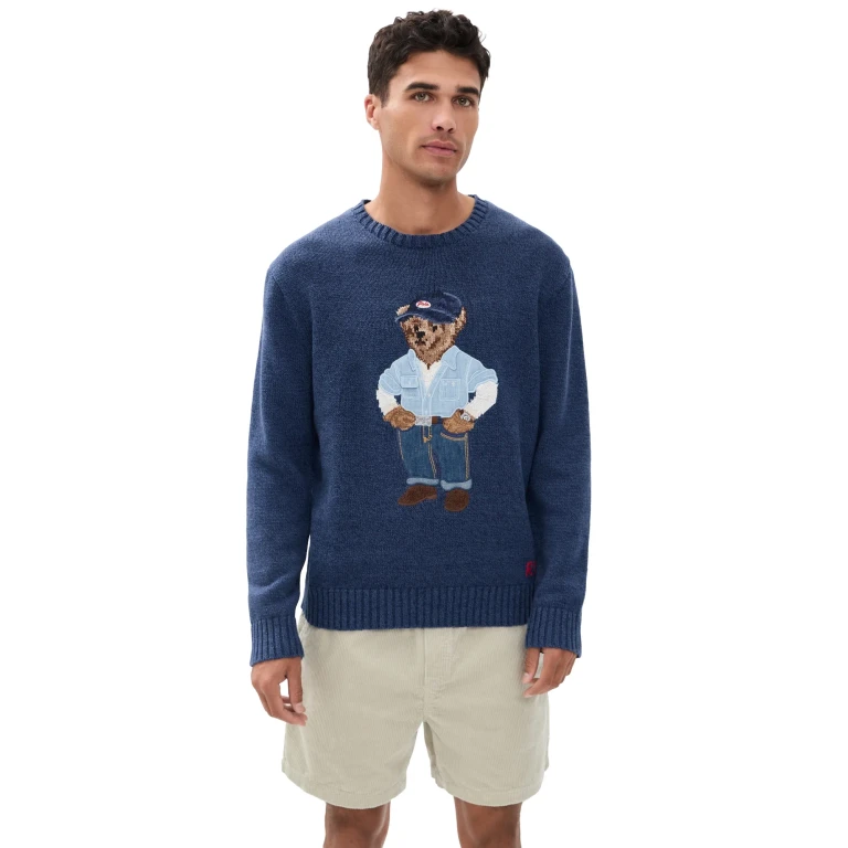 Polo Ralph Lauren Original Label Cotton Linen Denim Bear Crewneck Sweater Light Navy XXL