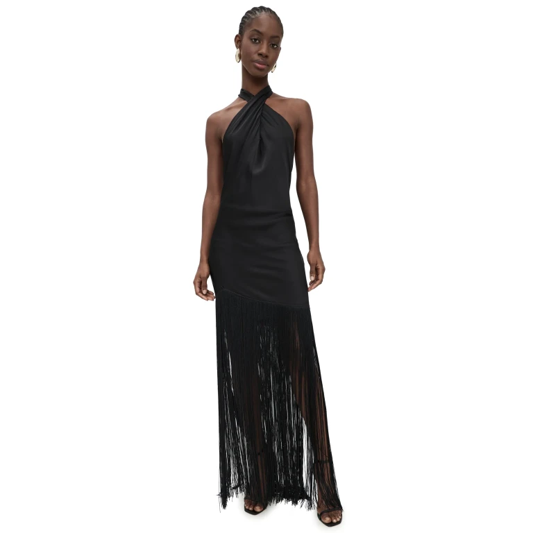 Show Me Your Mumu Jasmine Fringe Maxi Dress Black Luxe Satin M