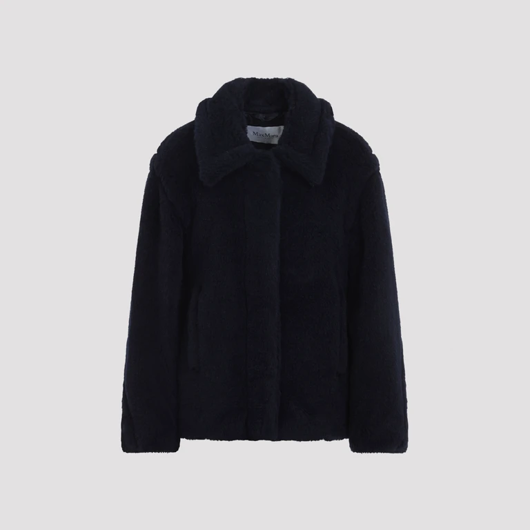 Max Mara Fuggito Short Blue Teddy Coat Black Alpaca Virgin Wool Silk - Women