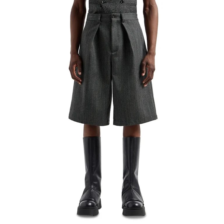 Emporio Armani Wool Heavy Mouline Chevron Jacquard Oversized Fit Pleated Bermuda Shorts