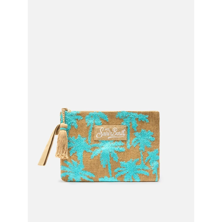 Mc2 Saint Barth Jute Pouch With Embroidered Palm Pattern Aqua Green Pochette - Unisex
