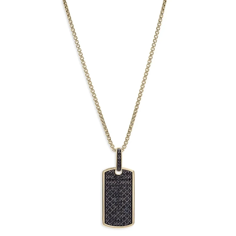 Men's Black Diamond Dog Tag Pendant Necklace in 14K Yellow Gold, 0.50 tcw