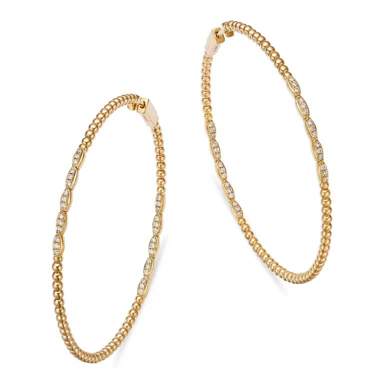 Diamond & Polished Bead Large Hoop Earrings in 14K Yellow Gold, 0.50 tcw