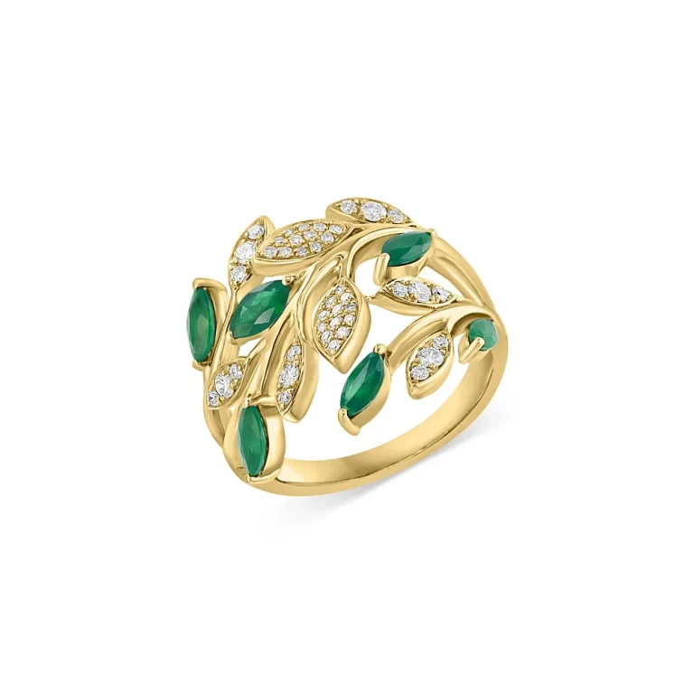 Emerald & Diamond Leaf Ring in 14K Yellow Gold