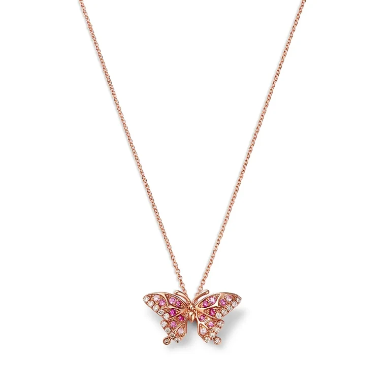 Pink Sapphire & Diamond Butterfly Pendant Necklace in 14K Rose Gold, 16-18
