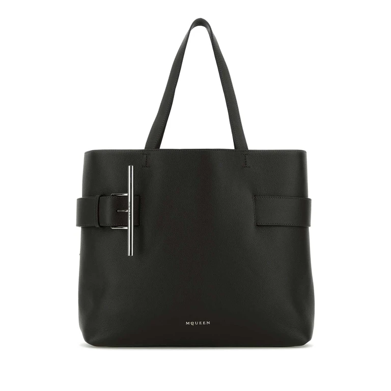 Alexander McQueen Black Leather T-Bar Shopping Bag Blacksilver Borse A Mano - Women