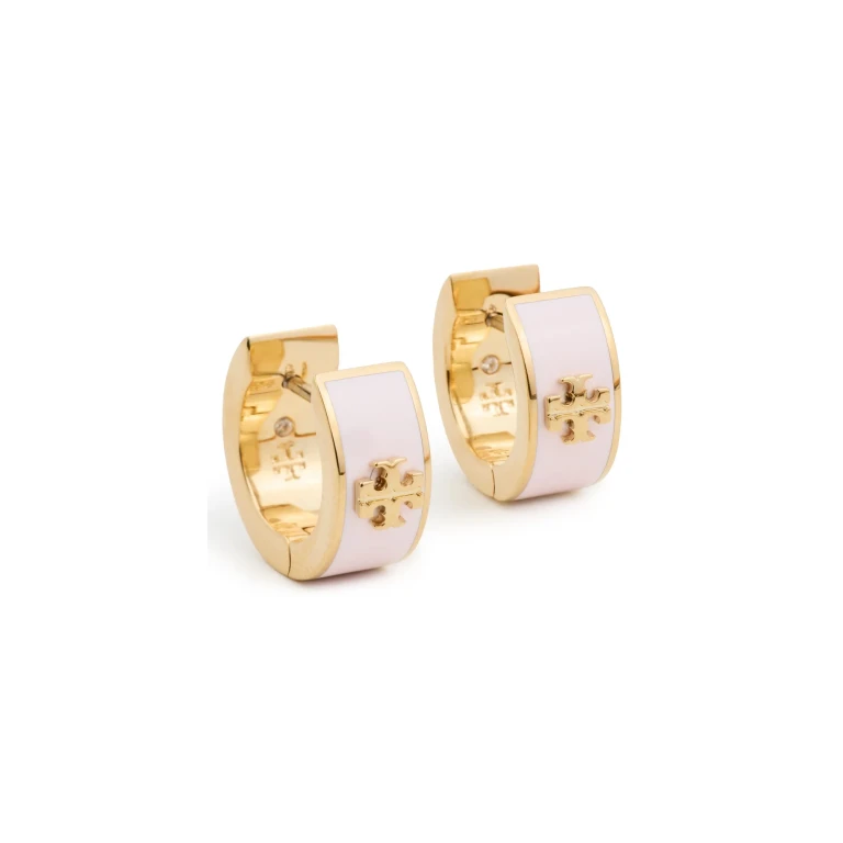 Tory Burch Wide Icon Enamel Huggie Earrings Tory Gold/Pink Snow One Size
