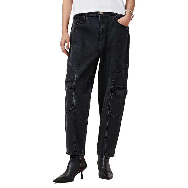 Allsaints Daisy Mae High Rise Cropped Tapered Cargo Jeans in Washed Black