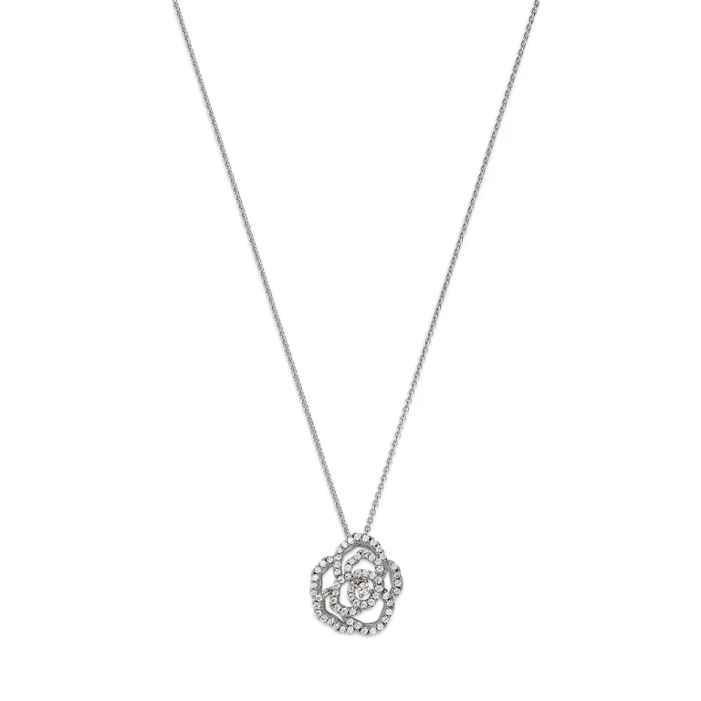 Diamond Rose Flower Openwork Pendant Necklace in 14K White Gold, 0.30 tcw