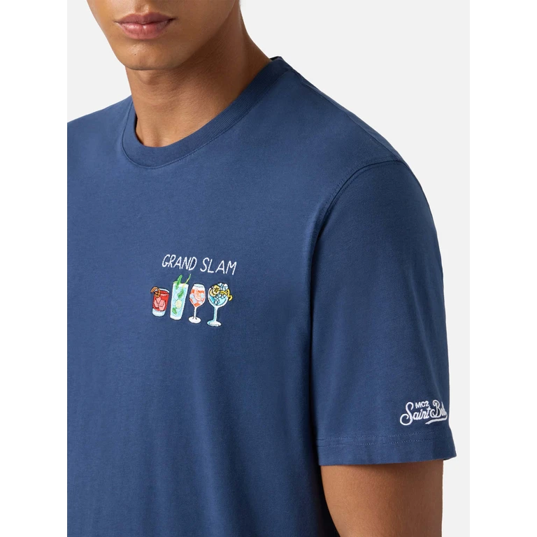 Mc2 Saint Barth Arnott Cotton T-Shirt Blue With Grand Slam Embroidery And Bottle Print - Men